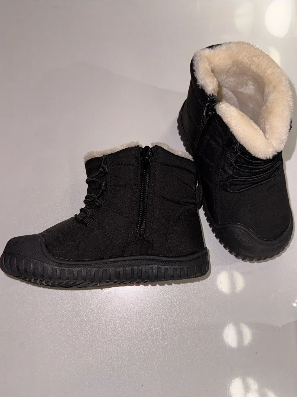 Kids Black Winter Boots with Cream Fur Lining